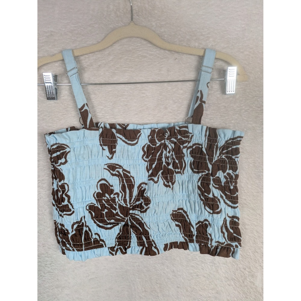 Paper Heart Crop Top Women's Medium Blue Brown Floral Smocked